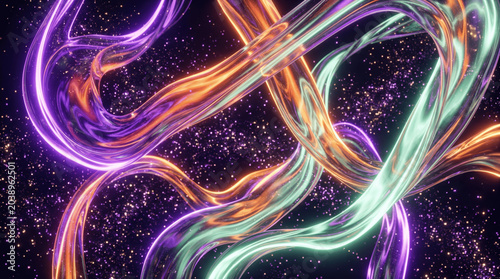 Bright colors twist and merge in a dark space filled with stars