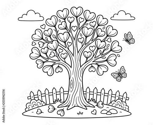 Coloring page featuring whimsical heart shaped tree with butterflies and picket fence line.