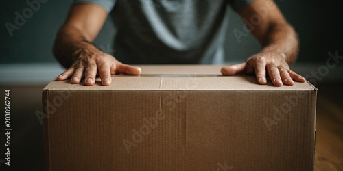 Mans Hands on Cardboard Box, Fingers Pressed Down