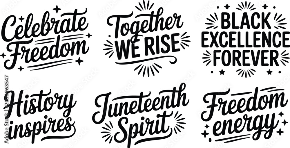Fototapeta premium Set of Six Black Artistic Typographic Designs Celebrating Juneteenth Freedom and Cultural Pride.