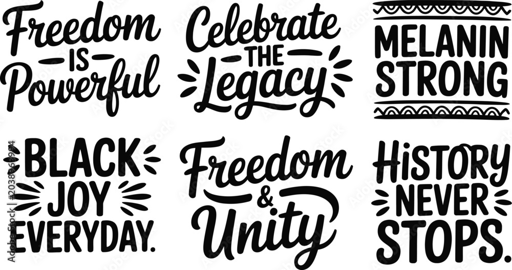 Obraz premium Set of Six Inspirational Black History Month Typography Quotes Featuring Bold Script Lettering.