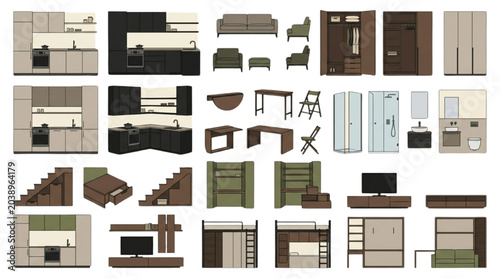 Compact Interior Furniture Elevation Bundle — Kitchen, Wardrobe, Sofa, Staircase Storage, Bathroom & Bunk Bed Drawings
