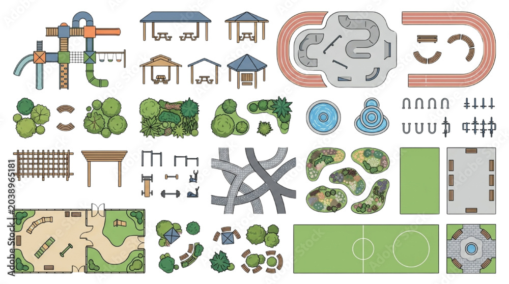 Fototapeta premium Colored Park & Recreation Plan Kit — Playground, Running Track, Gazebo, Garden Beds & Sports Court 