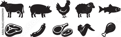 Meat Cut and Farm Livestock Animals Silhouette Icons Set