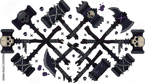 Fotografie Dark Fantasy Necromancer Weapon Icon Set Featuring Skull War Hammers, Barbed Wir