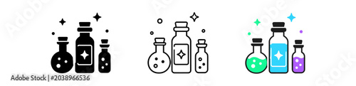 Potion bottles icon set. Bottles, vials, flasks, elixir, magic, alchemy. Liquid, glass, laboratory, ingredients. Line, flat and colored vector icon set.