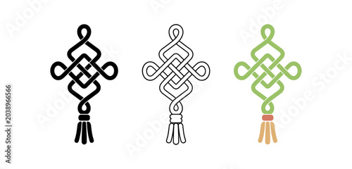 Decorative knot icon set. Endless knot, ornamental knot, tassel, charm, amulet, woven loop, Celtic-inspired ornament. Line, flat and colored vector icon set.