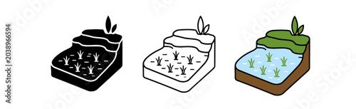Rice paddy field icon set. Terraced rice, flooded field, seedlings, irrigation, wetland, terrace farming, waterlogged plots and small crop shoots. Line, flat and colored vector icon set.
