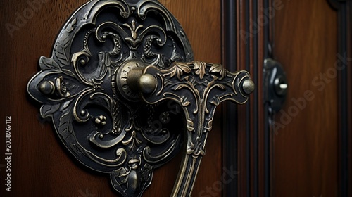 A photo of an intricate wrought iron door handle