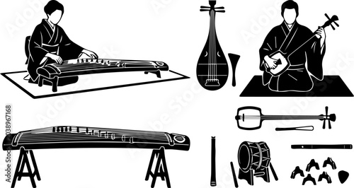Tableau sur toile Traditional Asian String Instrument Silhouette Set – Pipa, Guqin, Erhu, Zither,