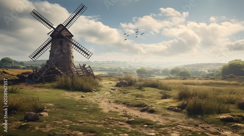 A photo of an old windmill in a field