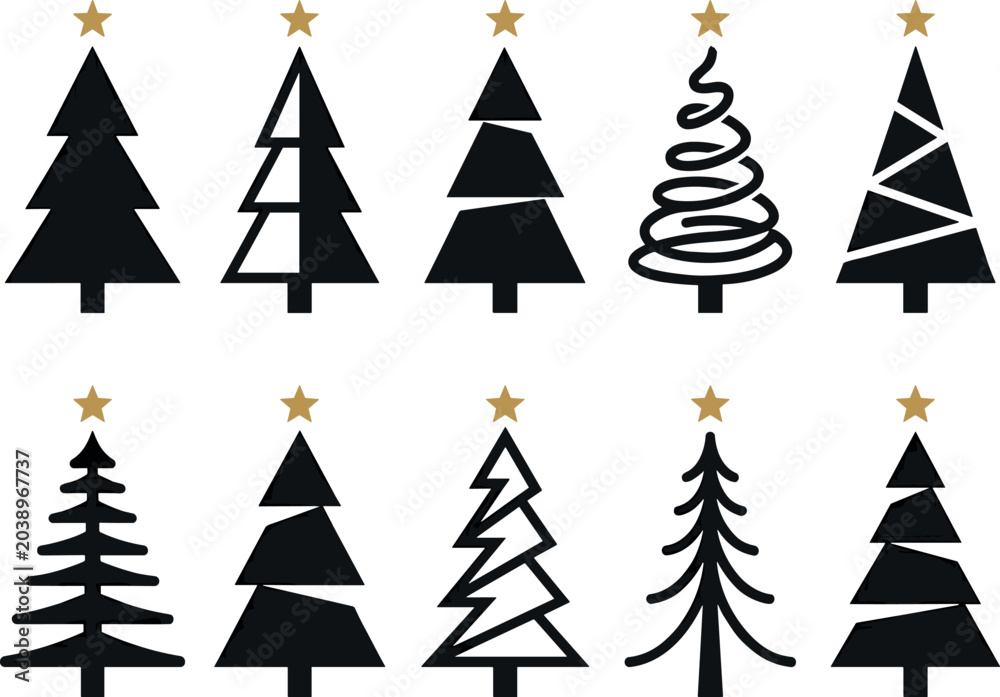 Obraz premium Christmas tree black silhouettes vector illustration set with gold star toppers isolated on a white background