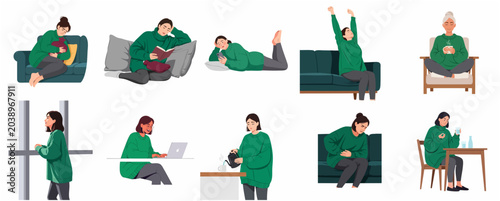 Canvas-taulu Collection of young woman illustrations in various daily activities, including r