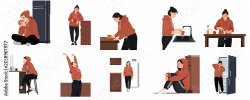 Foto Young Tired Woman in Red Hoodie Daily Routine and Emotional States Illustration