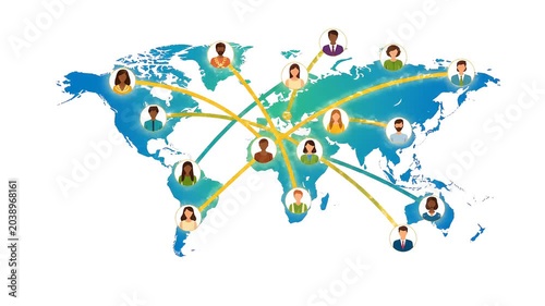 Global networking animation connecting diverse people across a world map