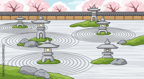 Photography Zen Garden with Stone Lanterns, Raked Sand, and Cherry Blossoms