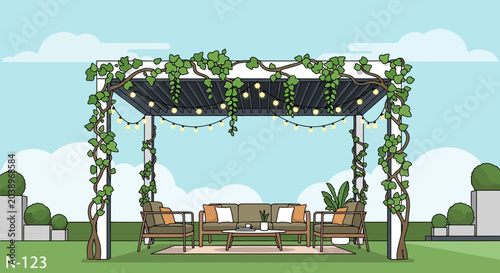 Foto Outdoor Patio Pergola with Furniture and String Lights, Garden Oasis