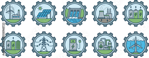Bild auf Leinwand Renewable energy icon set inside gear frames featuring wind turbines solar panels hydroelectric dam battery storage power lines and green industry technology illustrations