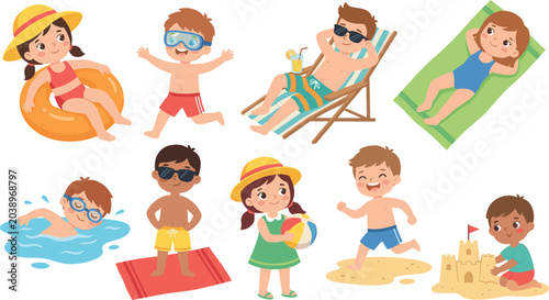 Collection of happy children playing and relaxing on summer beach holiday cartoon vector illustration set