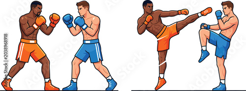 Canvastavla Set of professional kickboxing fighters sparring with punches and kicks in dynam