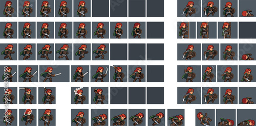 Female medieval warrior character sprite sheet for 2D games including animations for idle, walking, running, sword attacking, climbing, jumping, and death in cartoon style.