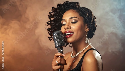 Curly haired woman sings into a vintage microphone with her eyes closed, against a smoky background
