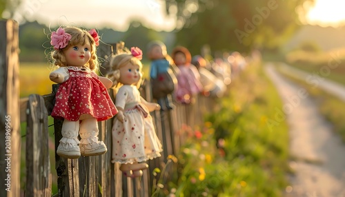 Dolls on fence at dusk