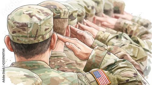 American soldiers saluting in line military personnel