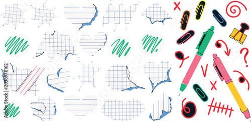 Set of hand drawn paper stickers and colorful office pens