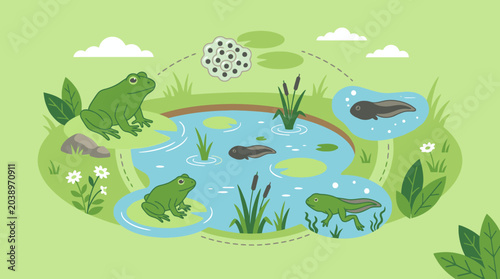 Group of green pond frogs and tadpoles together.