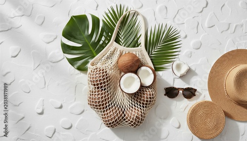 Topical summer flat lay with coconuts mesh bag and beach accessories, eco friendly lifestyle, copy space