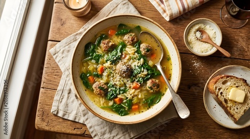 Italian Wedding Soup with Meatballs and Spinach Illustration
