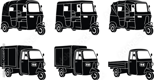 Foto Auto rickshaw and three wheeler cargo delivery tuk tuk vehicle silhouette vector set for Asian transport design