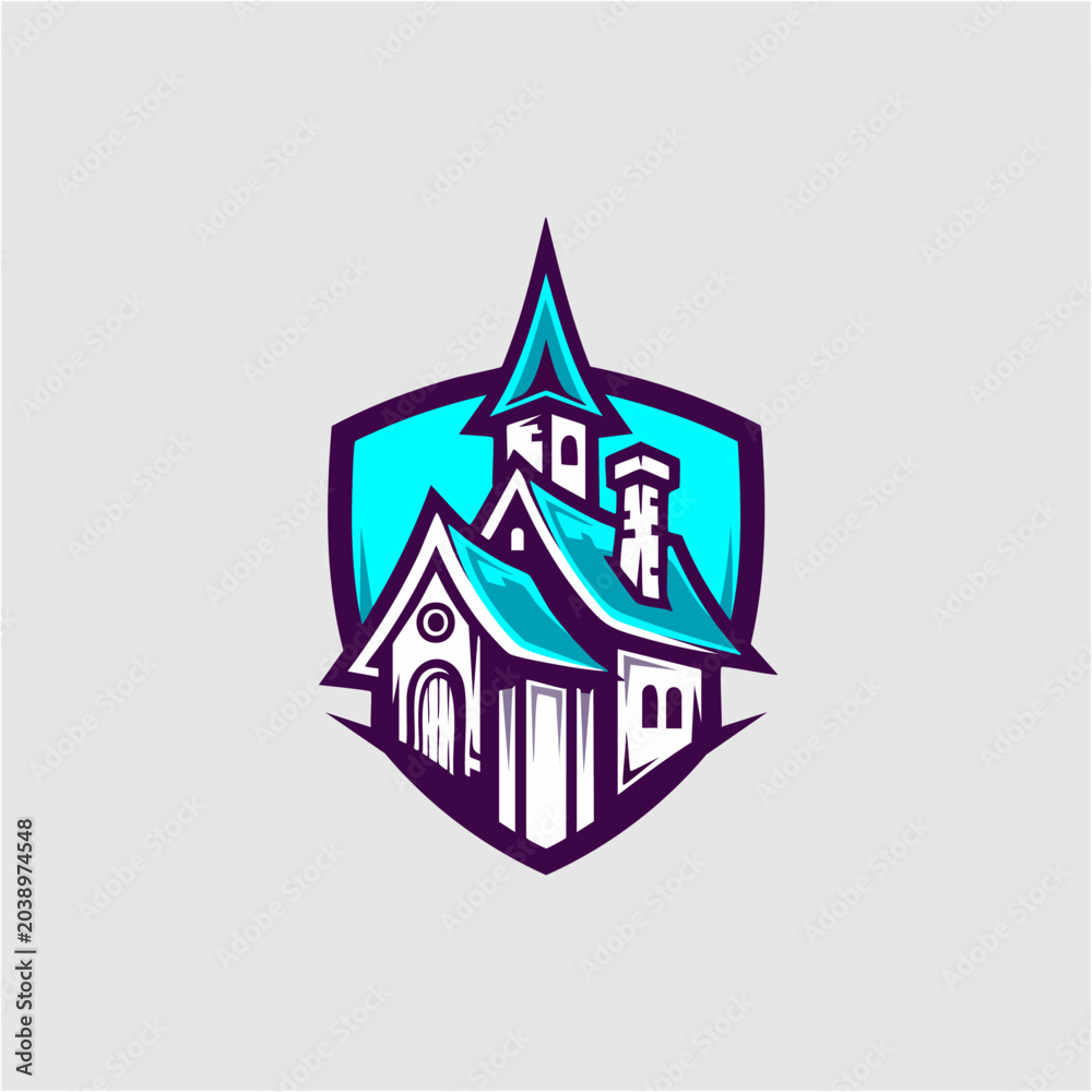 Obraz premium Haunted House Building Purple Shield Badge Logo Vector Illustration
