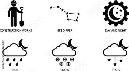 Canvastavla Black silhouette vector icon set including construction works big dipper constellation day night shift and weather elements