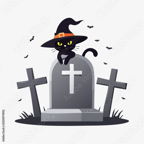 Halloween Black Cat Wearing Witch Hat on Gravestone with Bats
