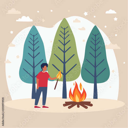 Man lighting campfire in forest