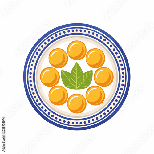Stylized Illustration of a Plate with Round Yellow Food and Green Leaves