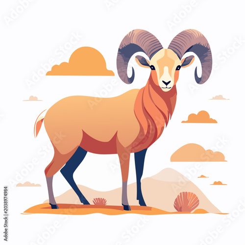 Stylized Ram with Large Horns Standing in a Desert Landscape