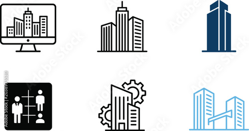 Foto Corporate real estate smart city icon set featuring skyscraper building towers computer screen and business organization structure