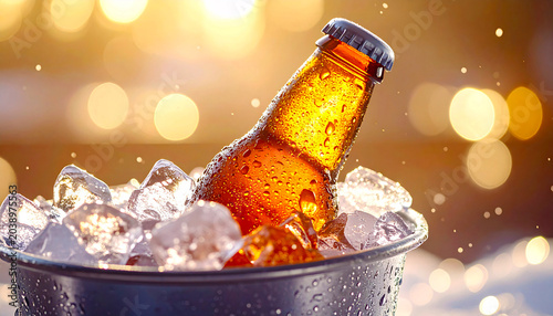 Beer bottle in ice bucket with condensation