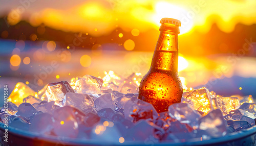 Beer bottle in ice bucket with sunset background