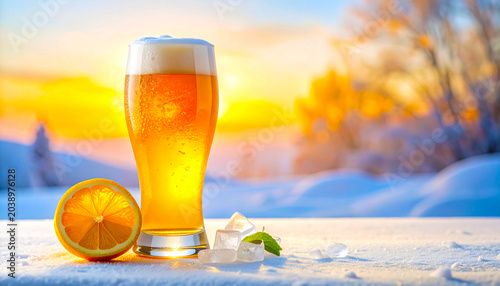 Glass of beer with lemon and ice in winter landscape at sunset