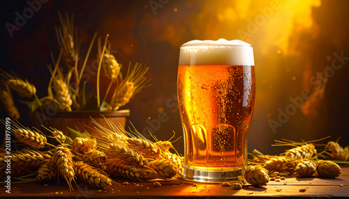 Glass of Beer with Wheat and Hops