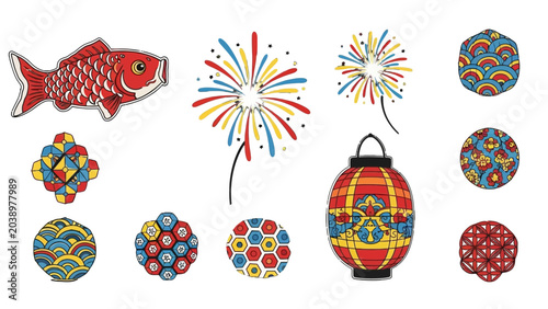 Photos Colorful illustration of Japanese festival elements including a koi fish, fireworks, decorative balls, and a traditional lantern on a white background