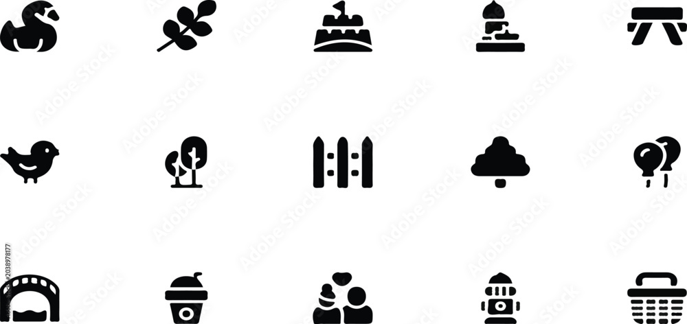 Fototapeta premium City park, nature, and outdoor recreation vector icon set featuring flat glyph silhouettes of birds, trees, fountains, picnic baskets, and public landscape elements