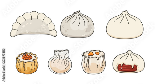 Foto Hand drawn collection of traditional Chinese dim sum and steamed dumplings isolated on white