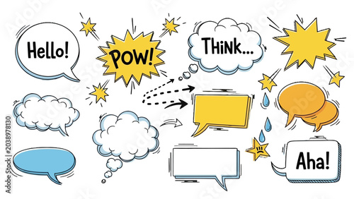A vibrant collection of hand-drawn comic book style speech bubbles, thought clouds, and explosion bursts with text and doodle elements on a white background.