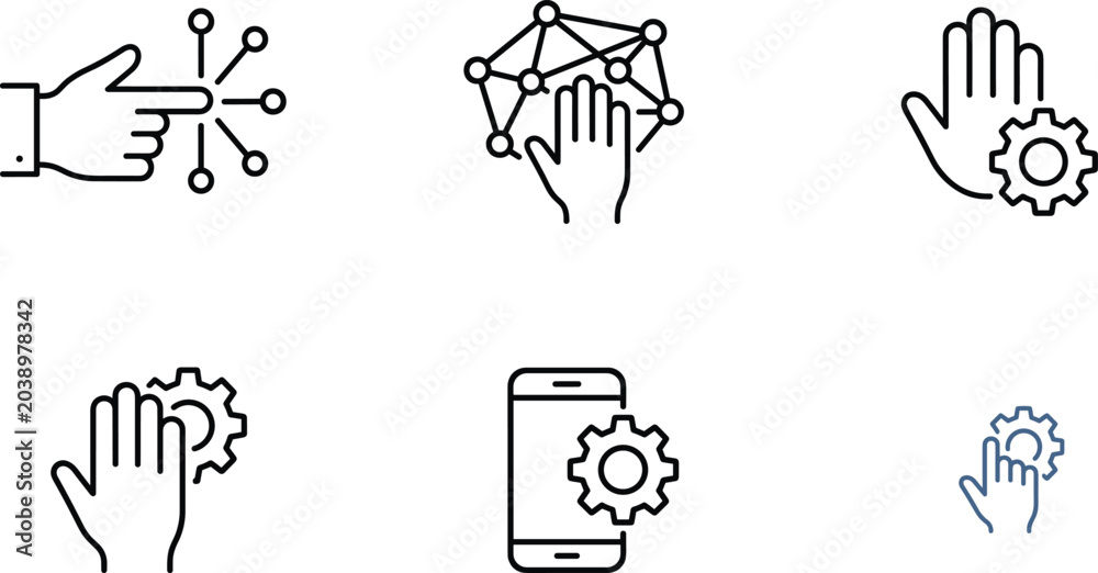 Fototapeta premium Interactive hand gesture icon set with fingers touching gears data networks and mobile screen user interface settings.