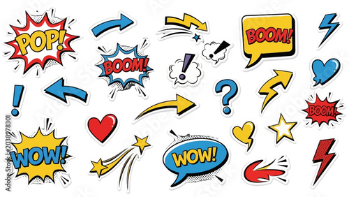 Εκτύπωση καμβά Vibrant collection of comic book style pop art elements including speech bubbles, arrows, hearts, stars, and lightning bolts, perfect for retro designs